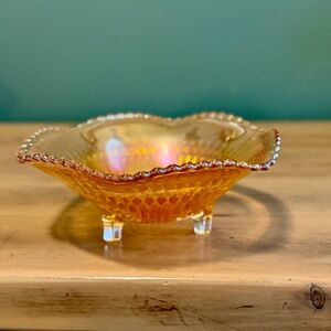 Vntg Jeanette Marigold Carnival Depression Glass Footed Bowl Iridescent Ribbed